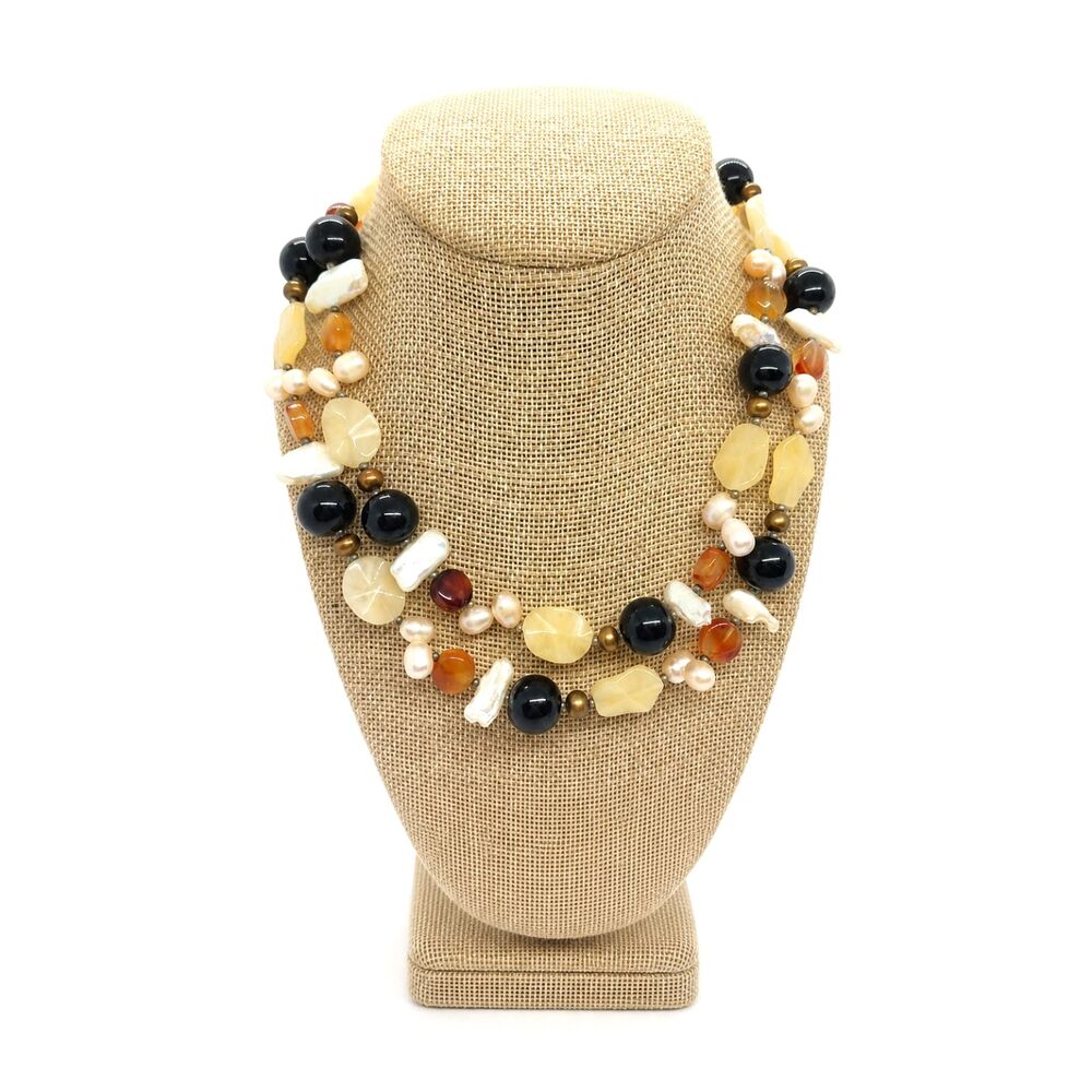 Stone Necklace Biwa Pearl Carnelian Citrine Onyx Double Strand Vintage